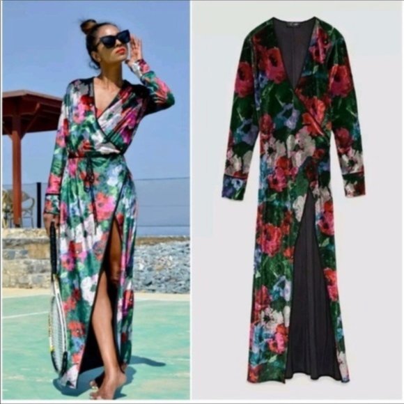 Zara Dresses & Skirts - Zara Floral Printed Velvet Kimono Maxi Wrap Dress